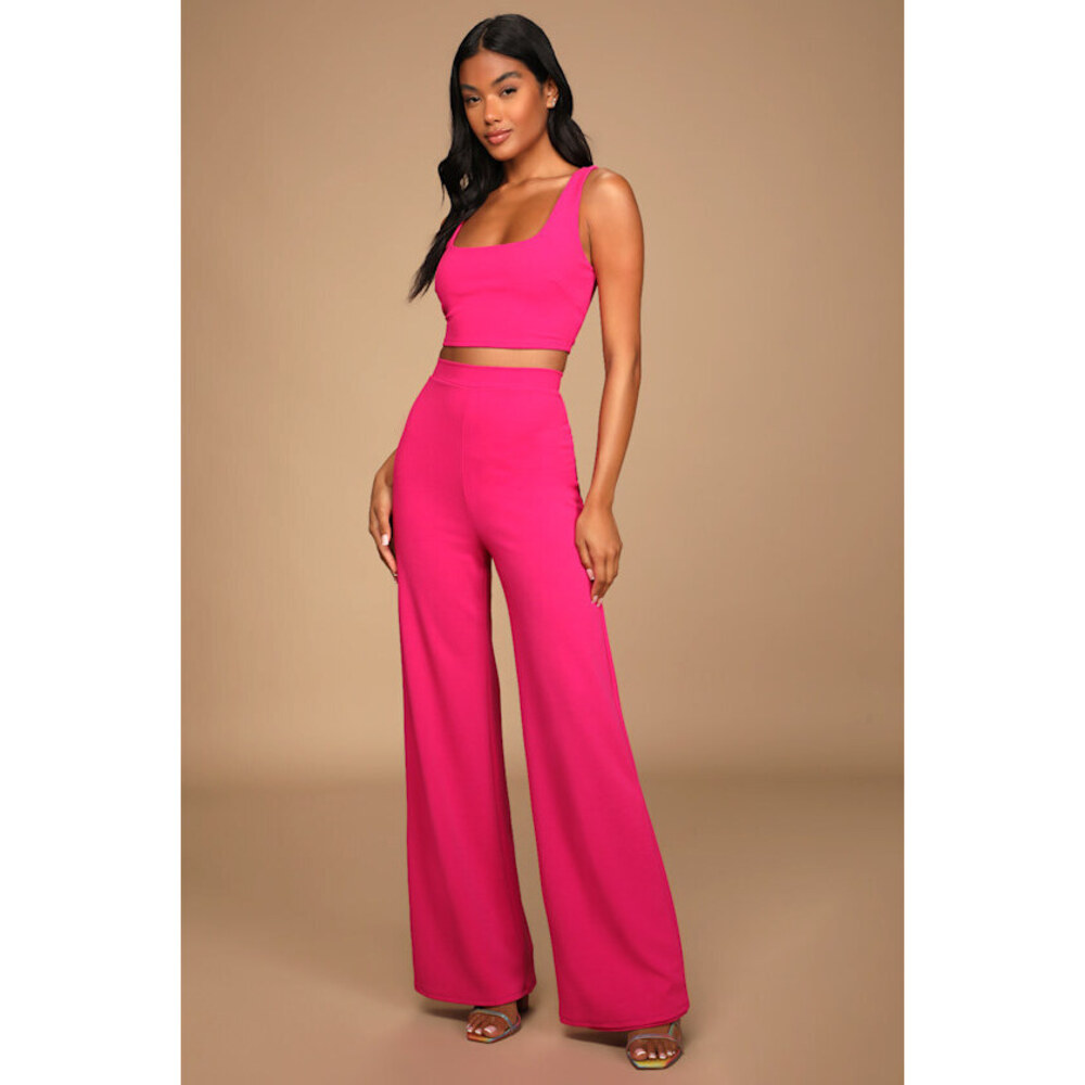 Lulus Only Tonight Hot Pink Two-piece Wide-leg Jumpsuit - Size S
